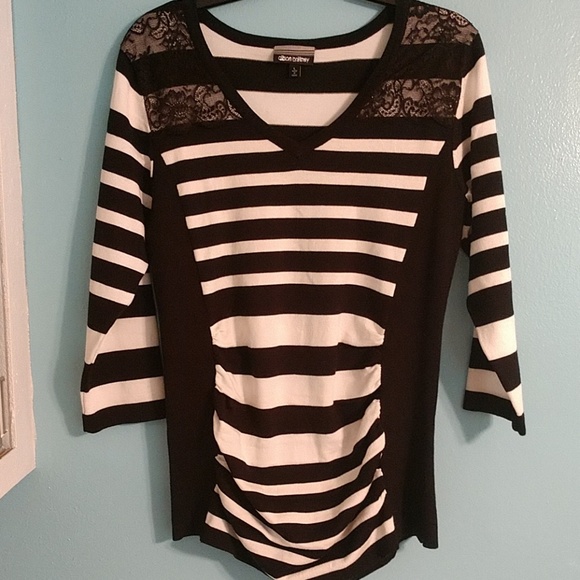 Allison Brittney Sweaters - Black & White Sreiped Lace 3/4 Sleeve Sweater L